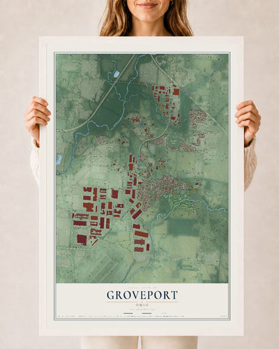 Map of Groveport, Ohio, 24 x 36 inch print in a white wood frame