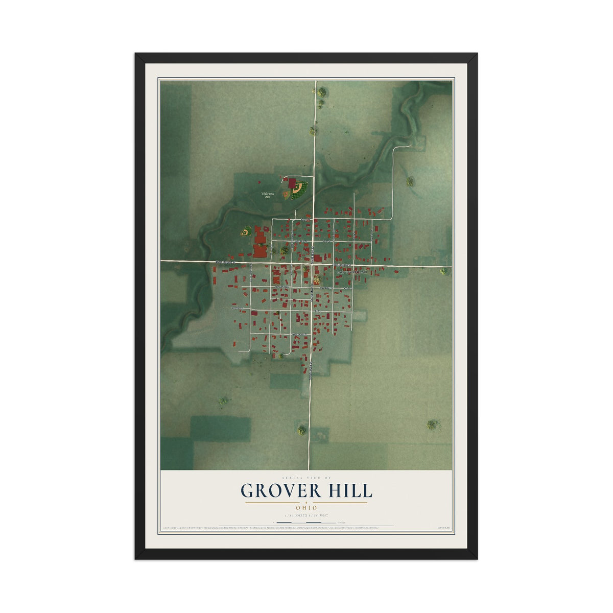Map of Grover Hill, Ohio, 12 x 18 inch print in a black wood frame