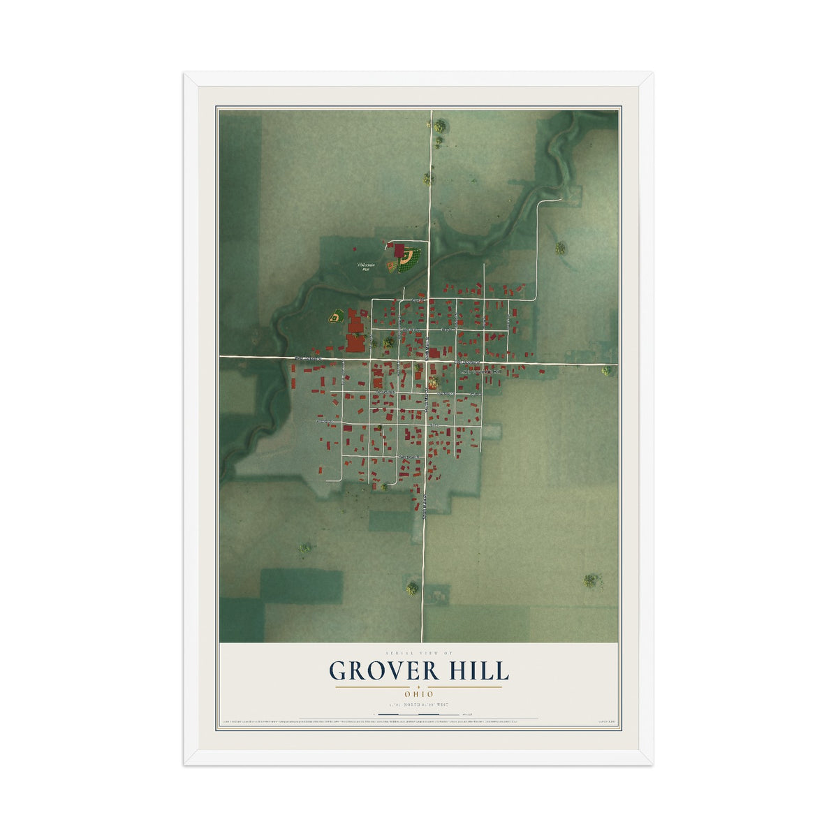 Map of Grover Hill, Ohio, 12 x 18 inch print in a white wood frame