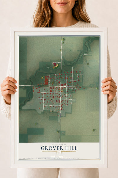 Map of Grover Hill, Ohio, 18 x 24 inch print in a white wood frame
