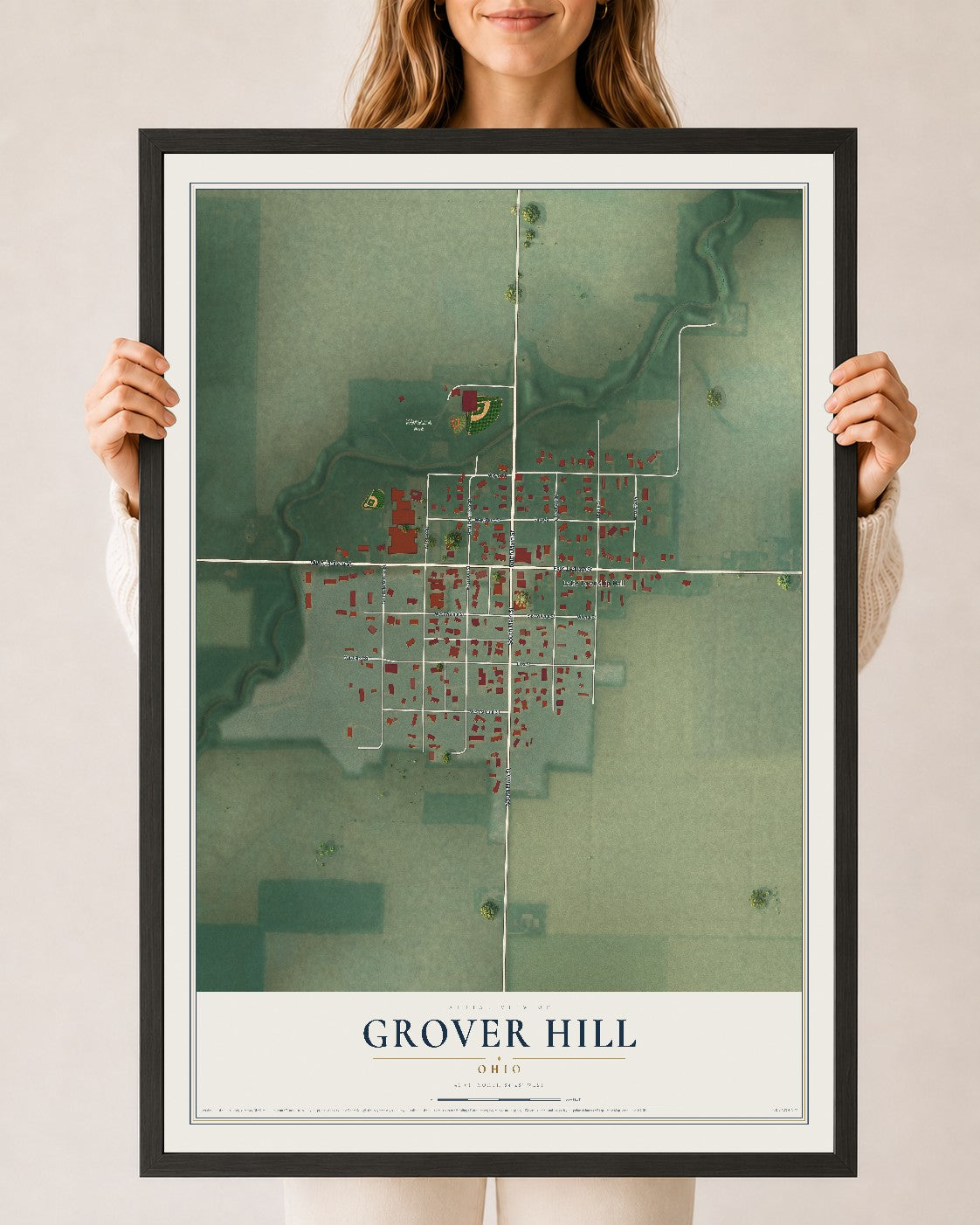 Map of Grover Hill, Ohio, 24 x 36 inch print in a black wood frame