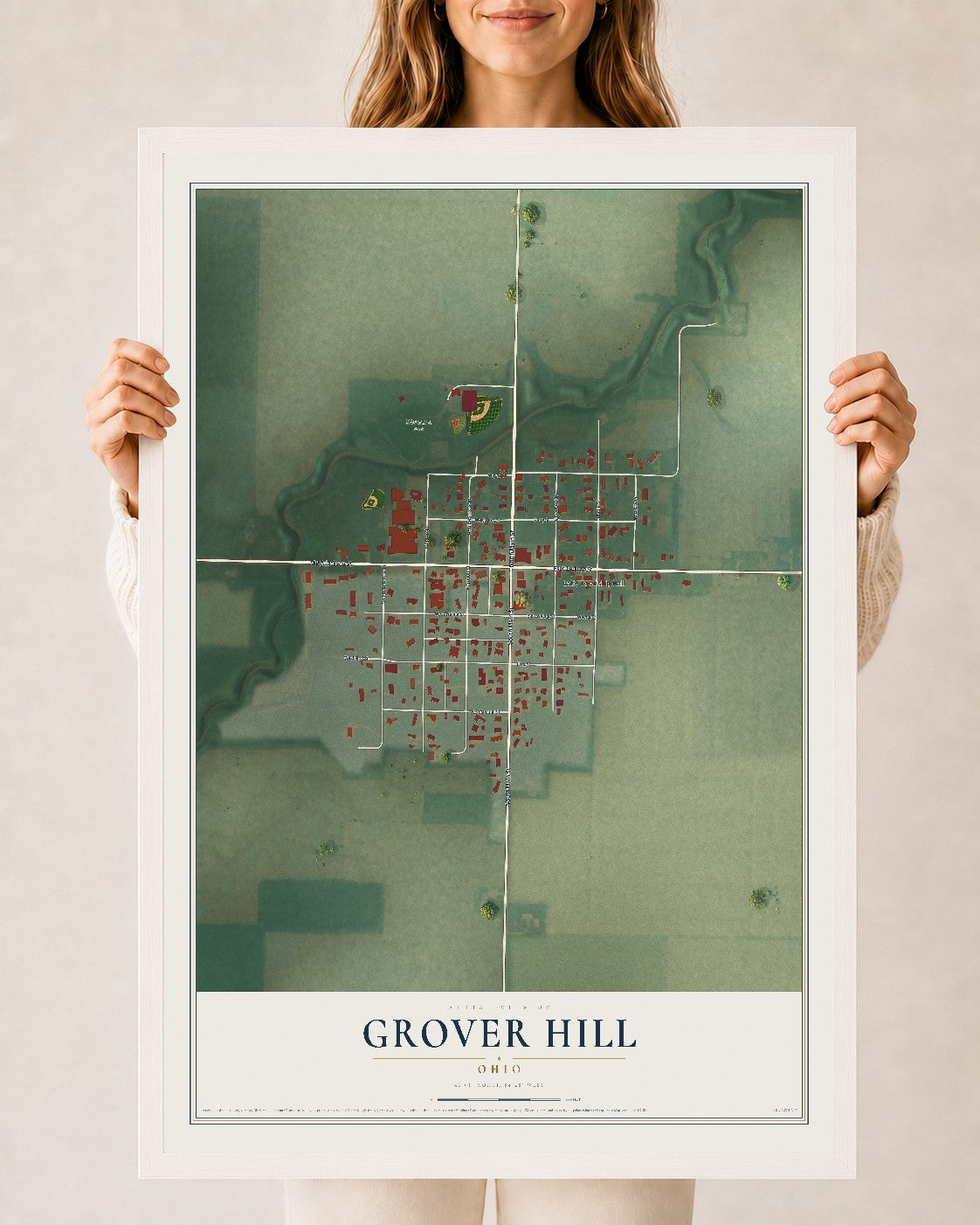 Map of Grover Hill, Ohio, 24 x 36 inch print in a white wood frame