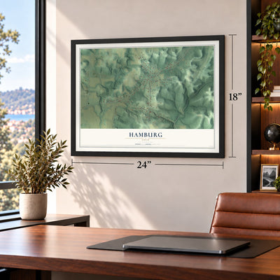 Hamburg, Ohio map, 18 x 24 inch print in a black frame in a home office