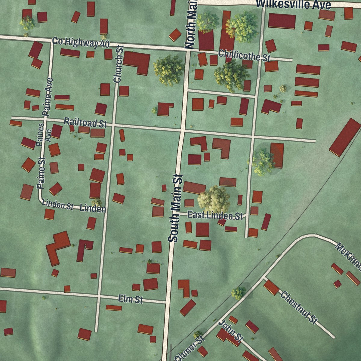 Close-up of the map of Hamden, Ohio print showing street and building detail