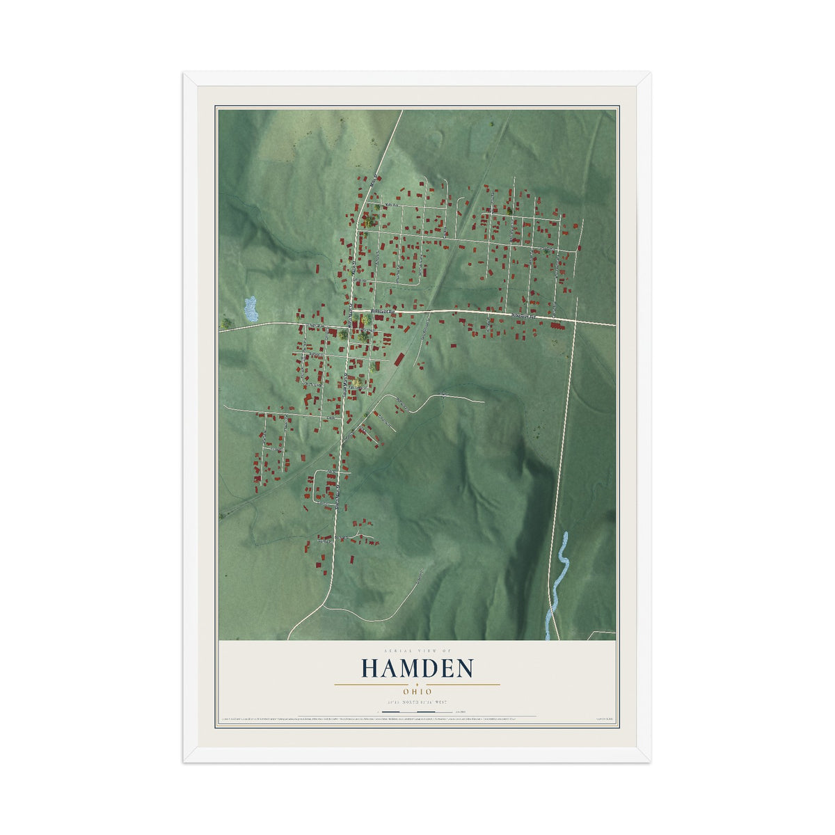 Map of Hamden, Ohio, 12 x 18 inch print in a white wood frame