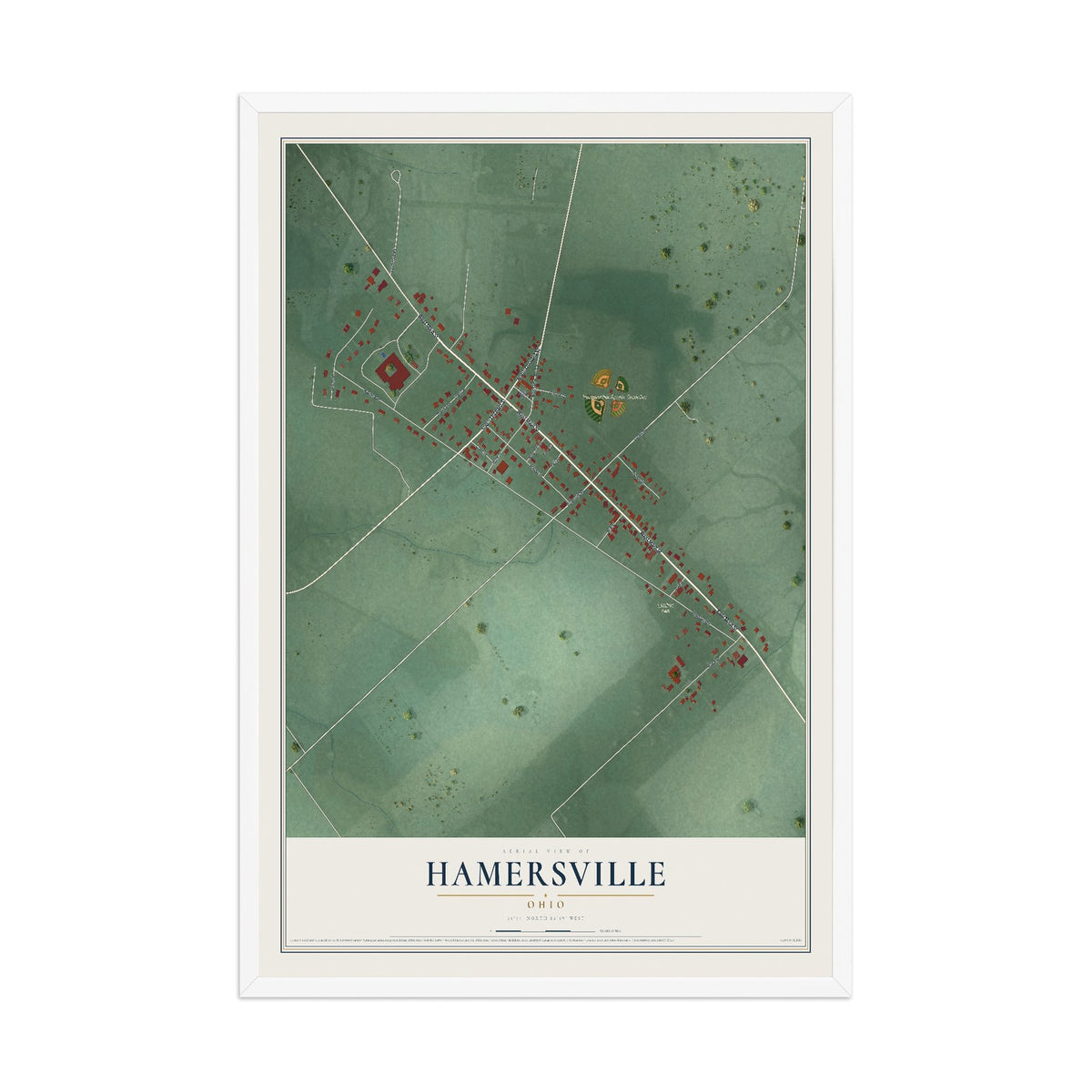 Map of Hamersville, Ohio, 12 x 18 inch print in a white wood frame