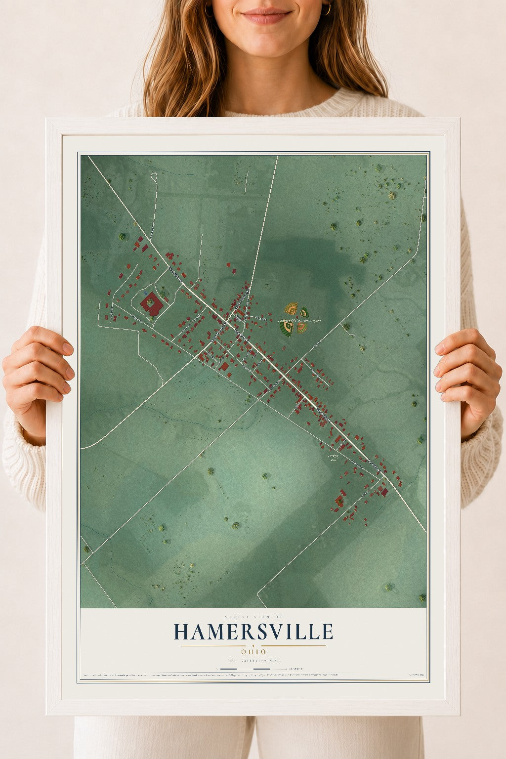 Map of Hamersville, Ohio, 18 x 24 inch print in a white wood frame