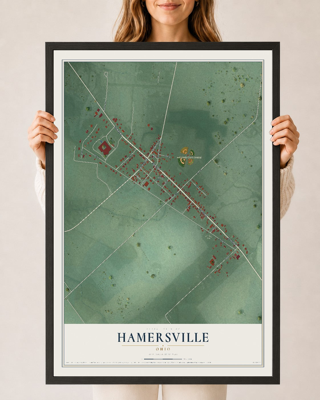 Map of Hamersville, Ohio, 24 x 36 inch print in a black wood frame