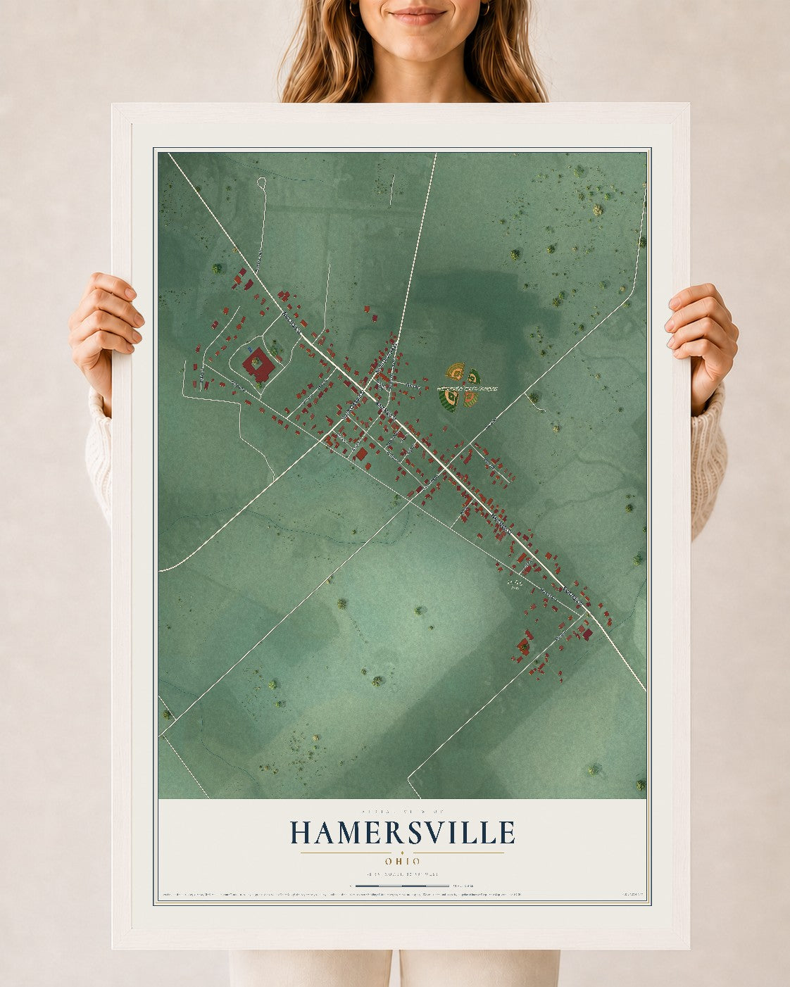 Map of Hamersville, Ohio, 24 x 36 inch print in a white wood frame