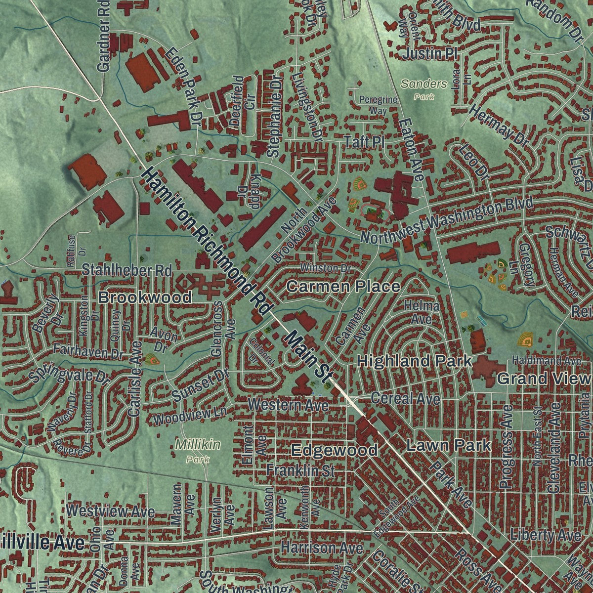 Close-up of the map of Hamilton, Ohio print showing street and building detail