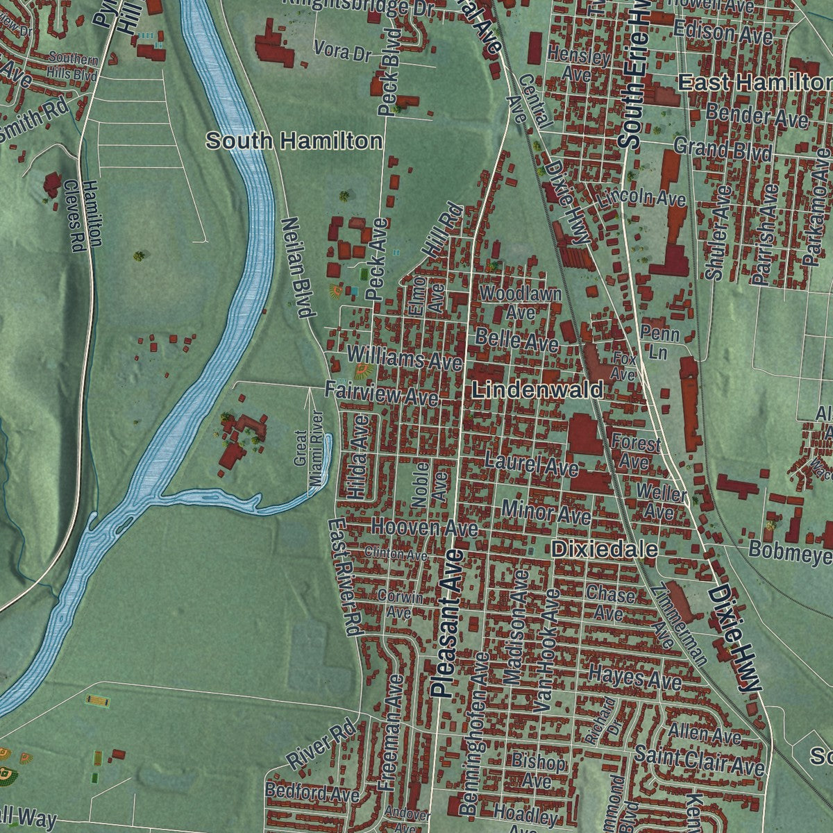 Second close-up of the map of Hamilton, Ohio print showing more streets and buildings