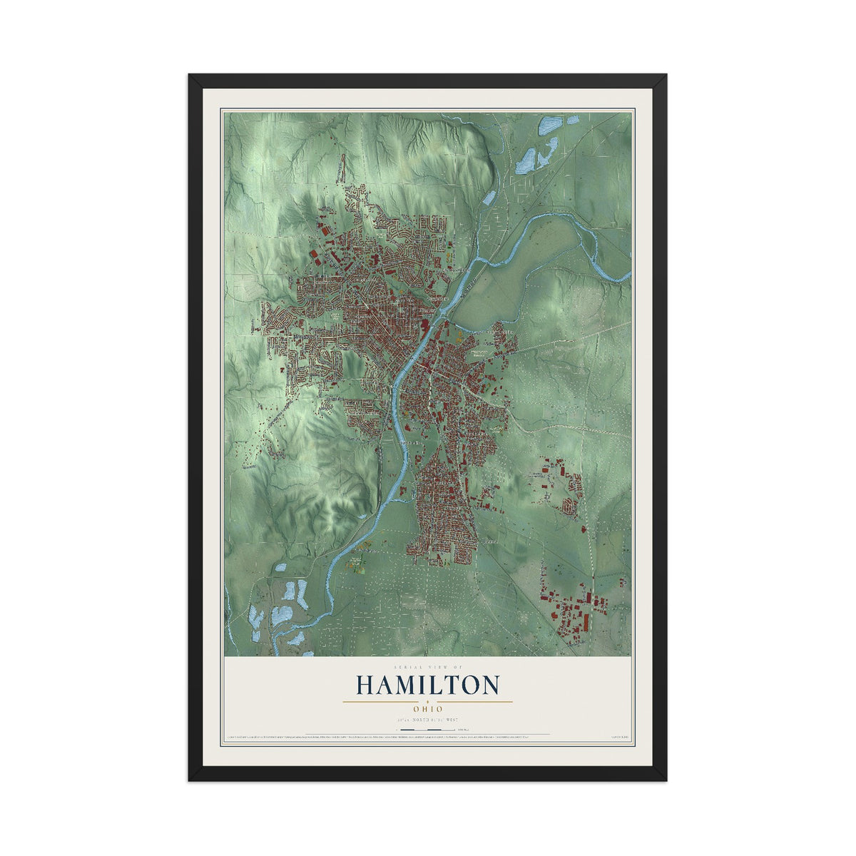 Map of Hamilton, Ohio, 12 x 18 inch print in a black wood frame