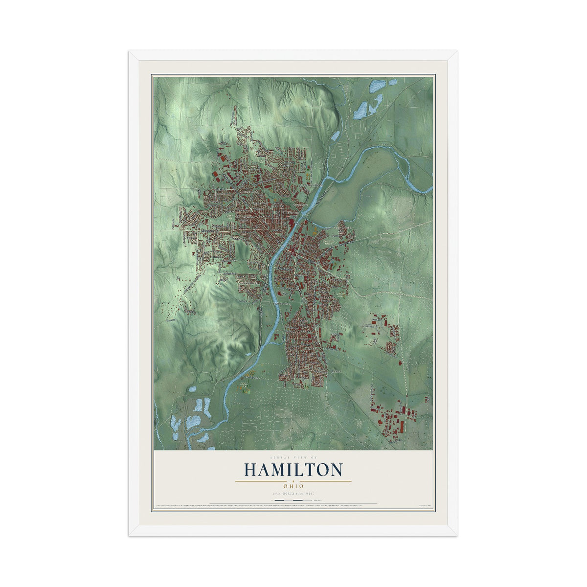 Map of Hamilton, Ohio, 12 x 18 inch print in a white wood frame