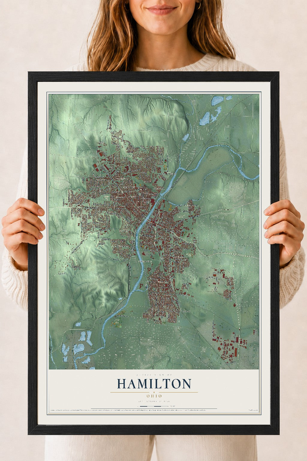 Map of Hamilton, Ohio, 18 x 24 inch print in a black wood frame
