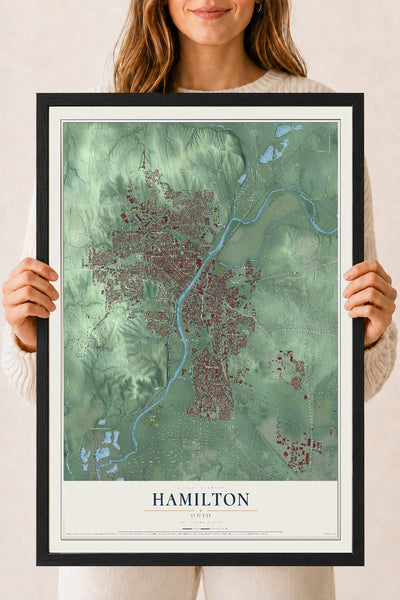 Map of Hamilton, Ohio, 18 x 24 inch print in a black wood frame