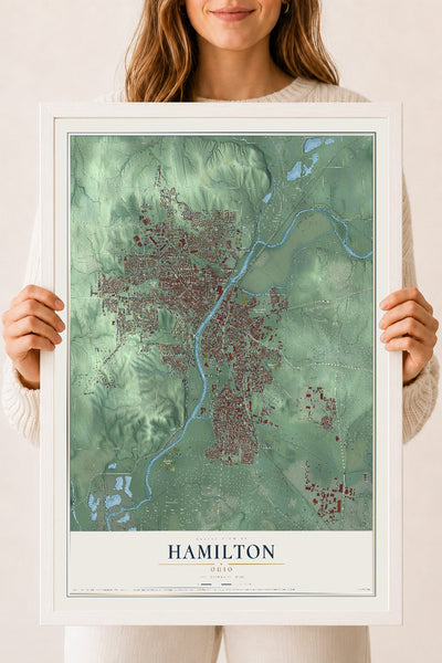 Map of Hamilton, Ohio, 18 x 24 inch print in a white wood frame