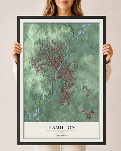 Map of Hamilton, Ohio, 24 x 36 inch print in a black wood frame