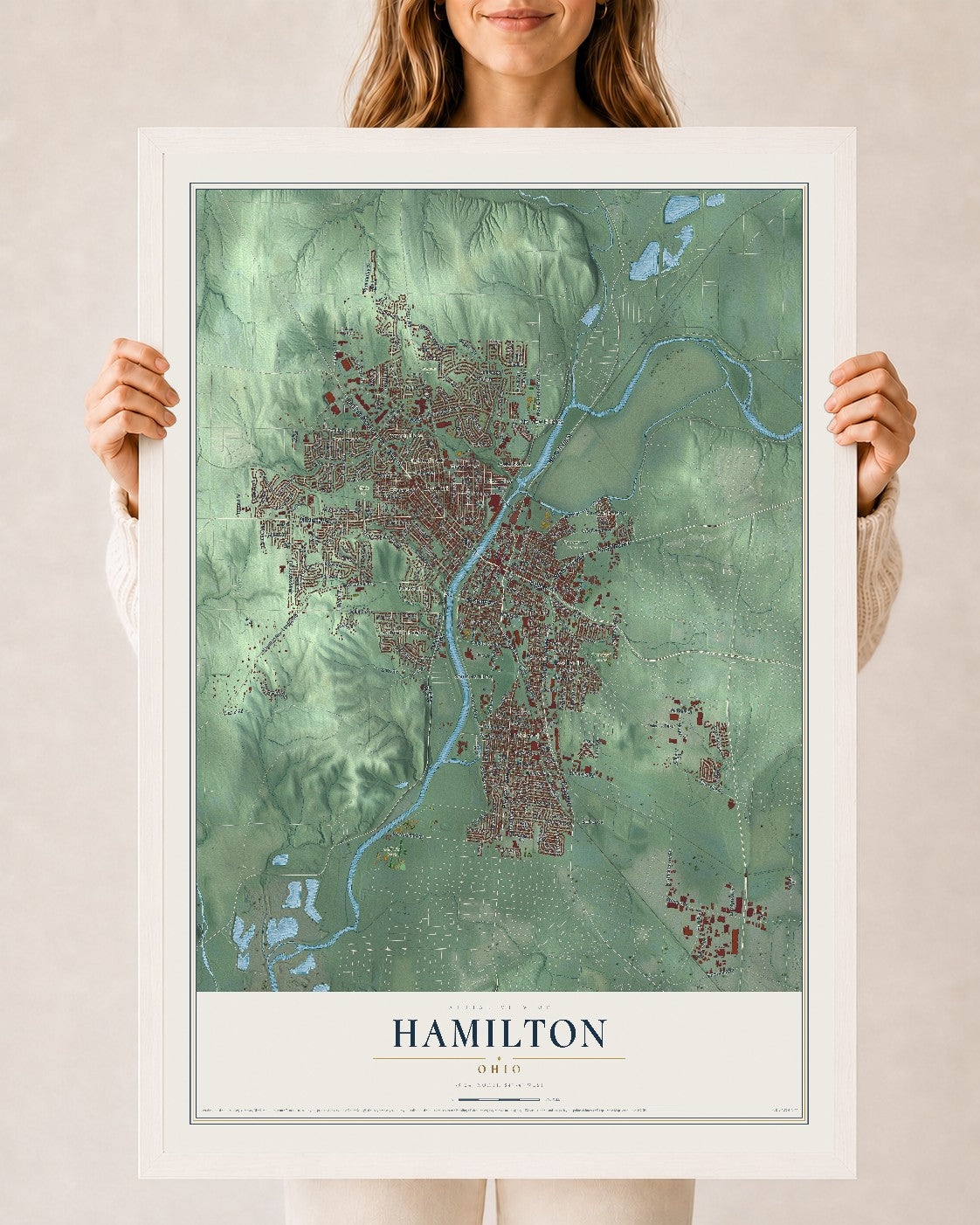 Map of Hamilton, Ohio, 24 x 36 inch print in a white wood frame