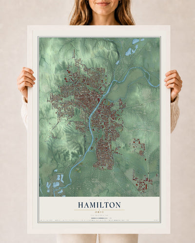 Map of Hamilton, Ohio, 24 x 36 inch print in a white wood frame