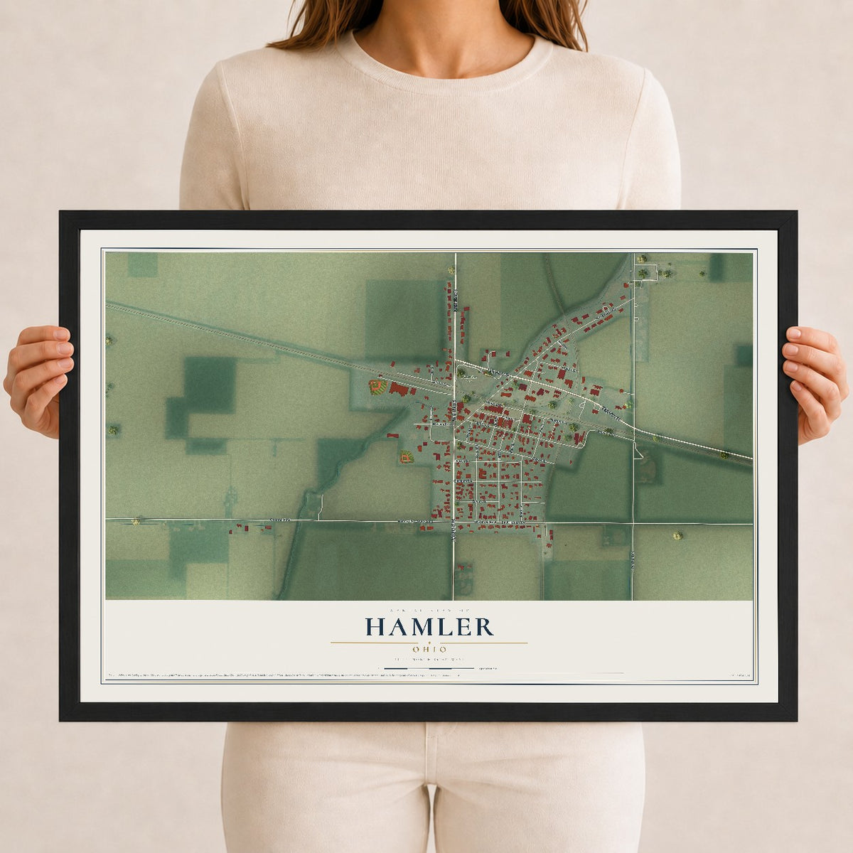 Map of Hamler, Ohio, 12 x 18 inch print in a black wood frame