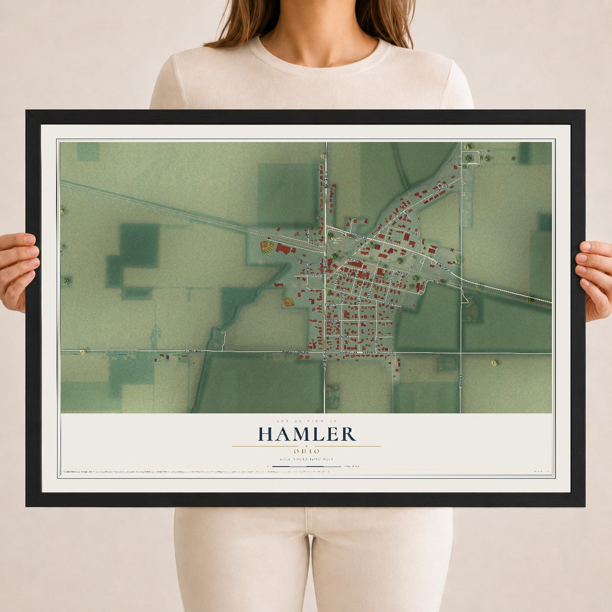 Map of Hamler, Ohio, 18 x 24 inch print in a black wood frame