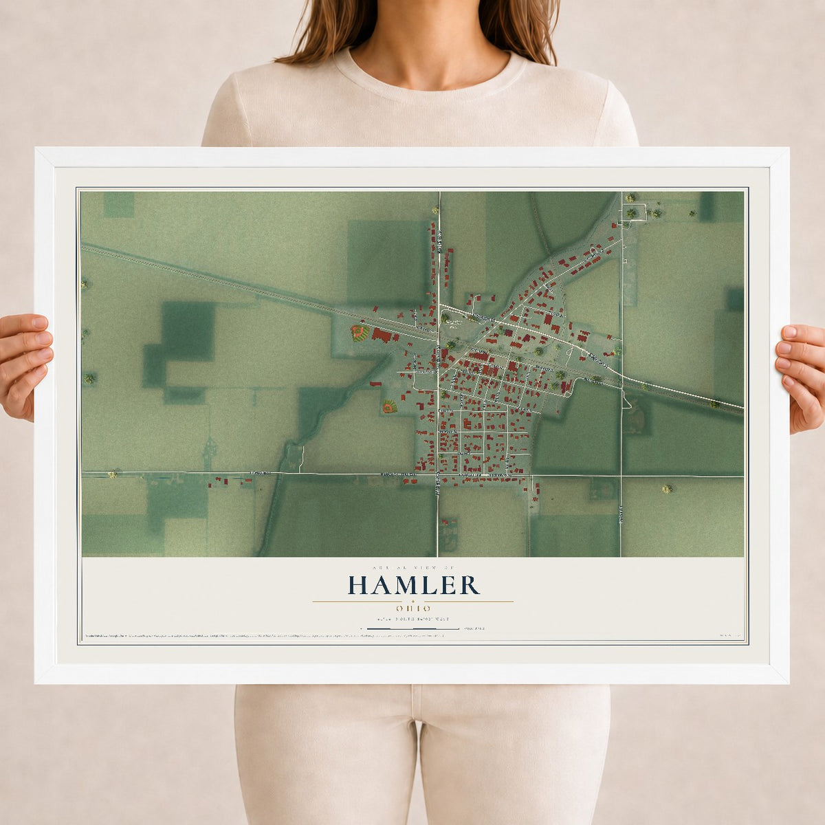 Map of Hamler, Ohio, 18 x 24 inch print in a white wood frame