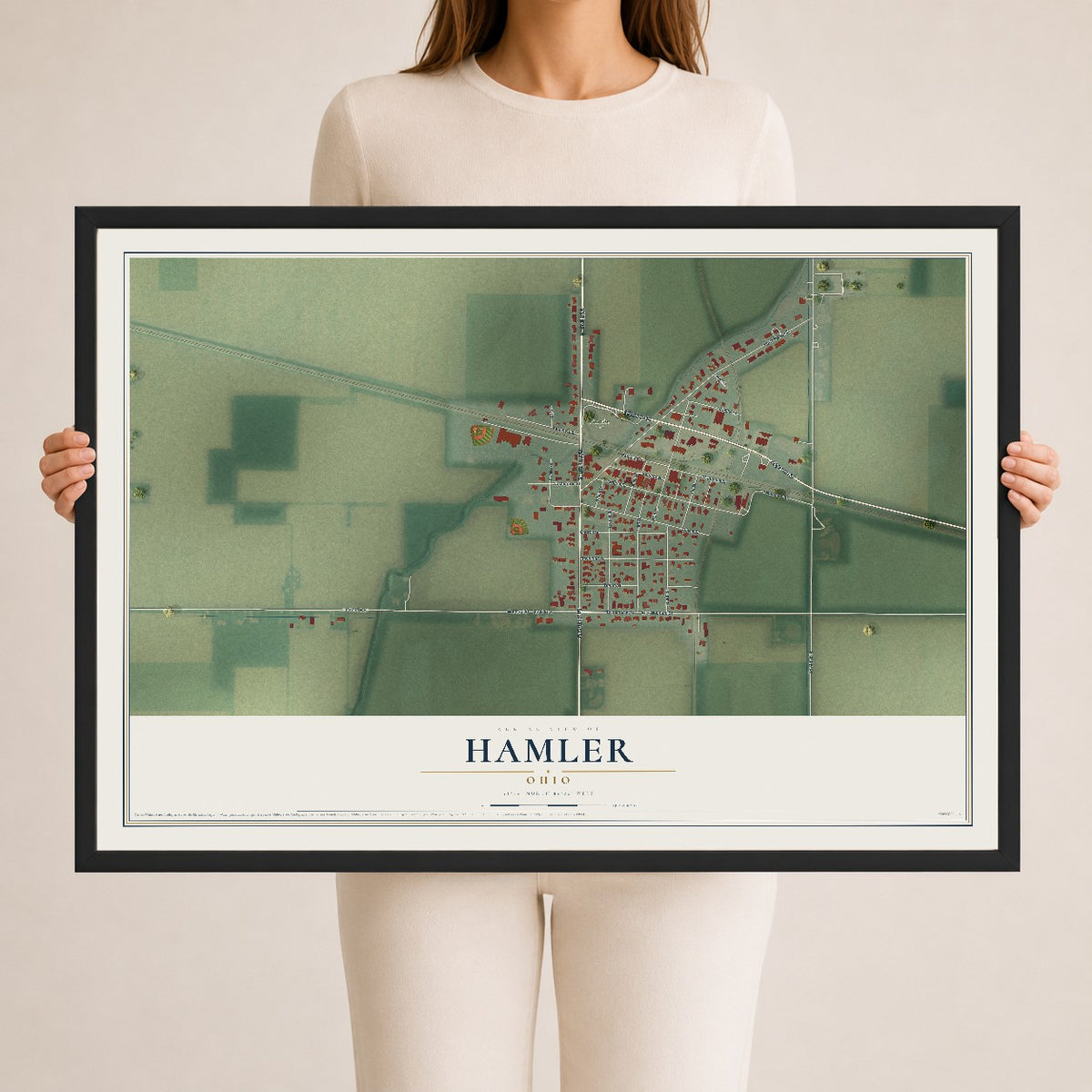 Map of Hamler, Ohio, 24 x 36 inch print in a black wood frame
