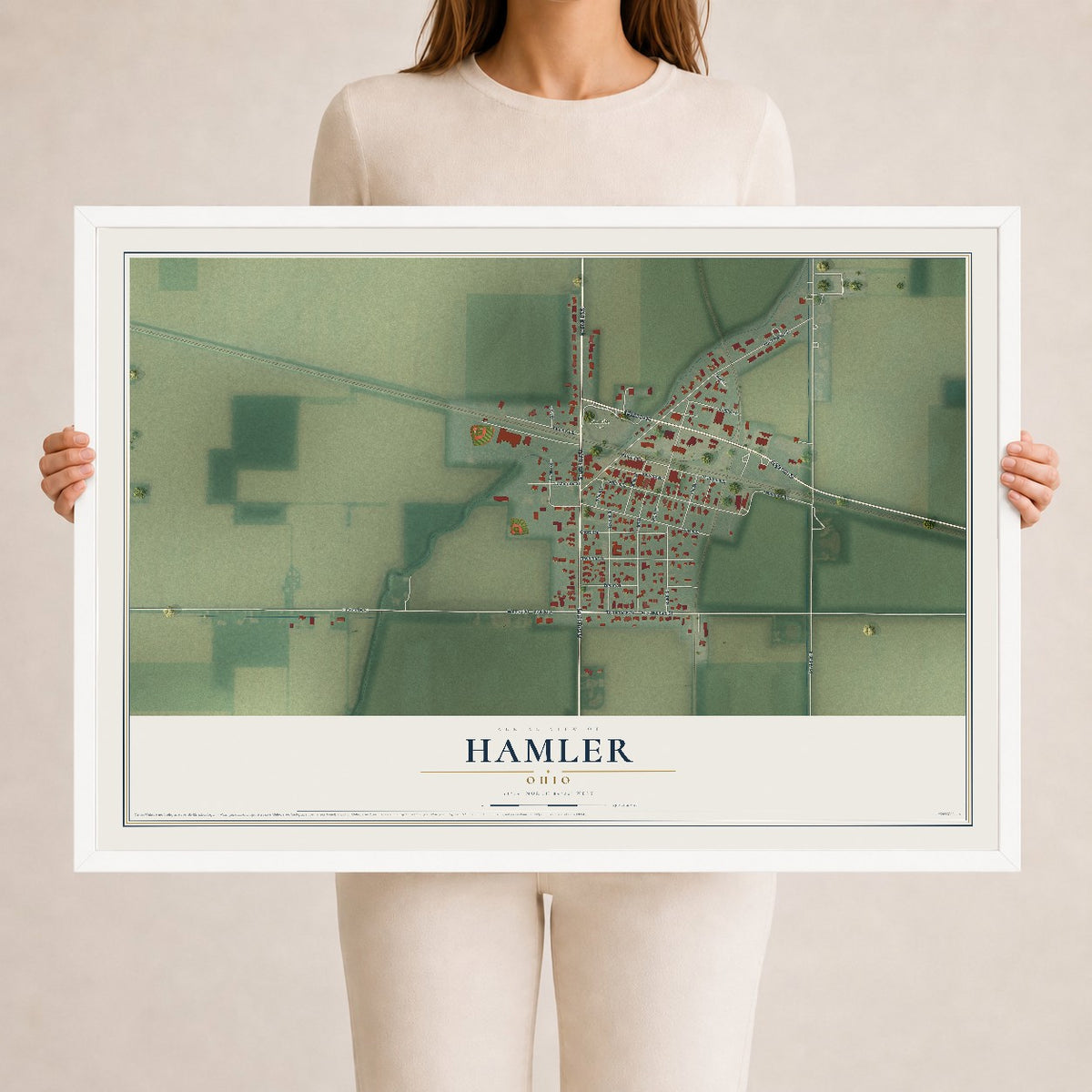 Map of Hamler, Ohio, 24 x 36 inch print in a white wood frame