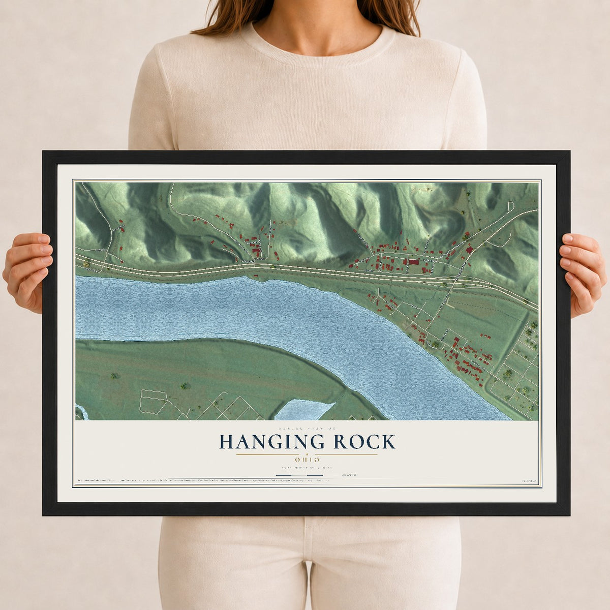 Map of Hanging Rock, Ohio, 12 x 18 inch print in a black wood frame