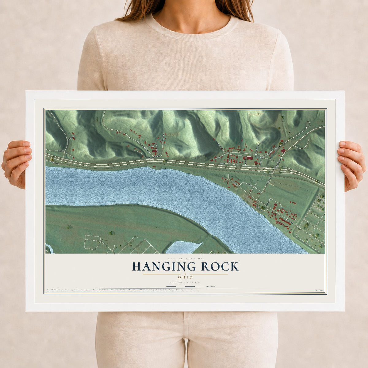 Map of Hanging Rock, Ohio, 12 x 18 inch print in a white wood frame