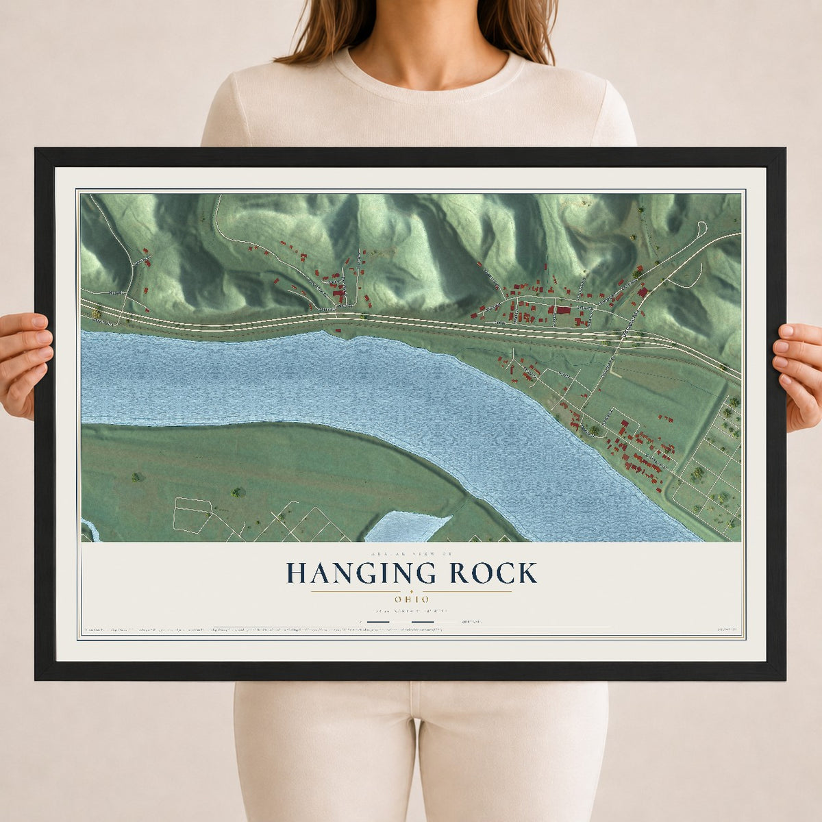 Map of Hanging Rock, Ohio, 18 x 24 inch print in a black wood frame