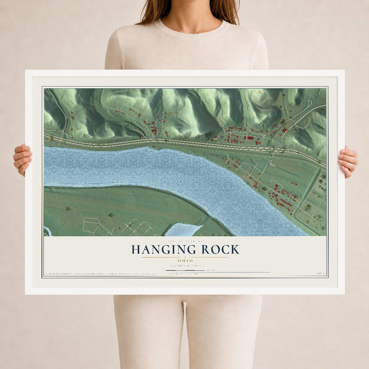 Map of Hanging Rock, Ohio, 24 x 36 inch print in a white wood frame
