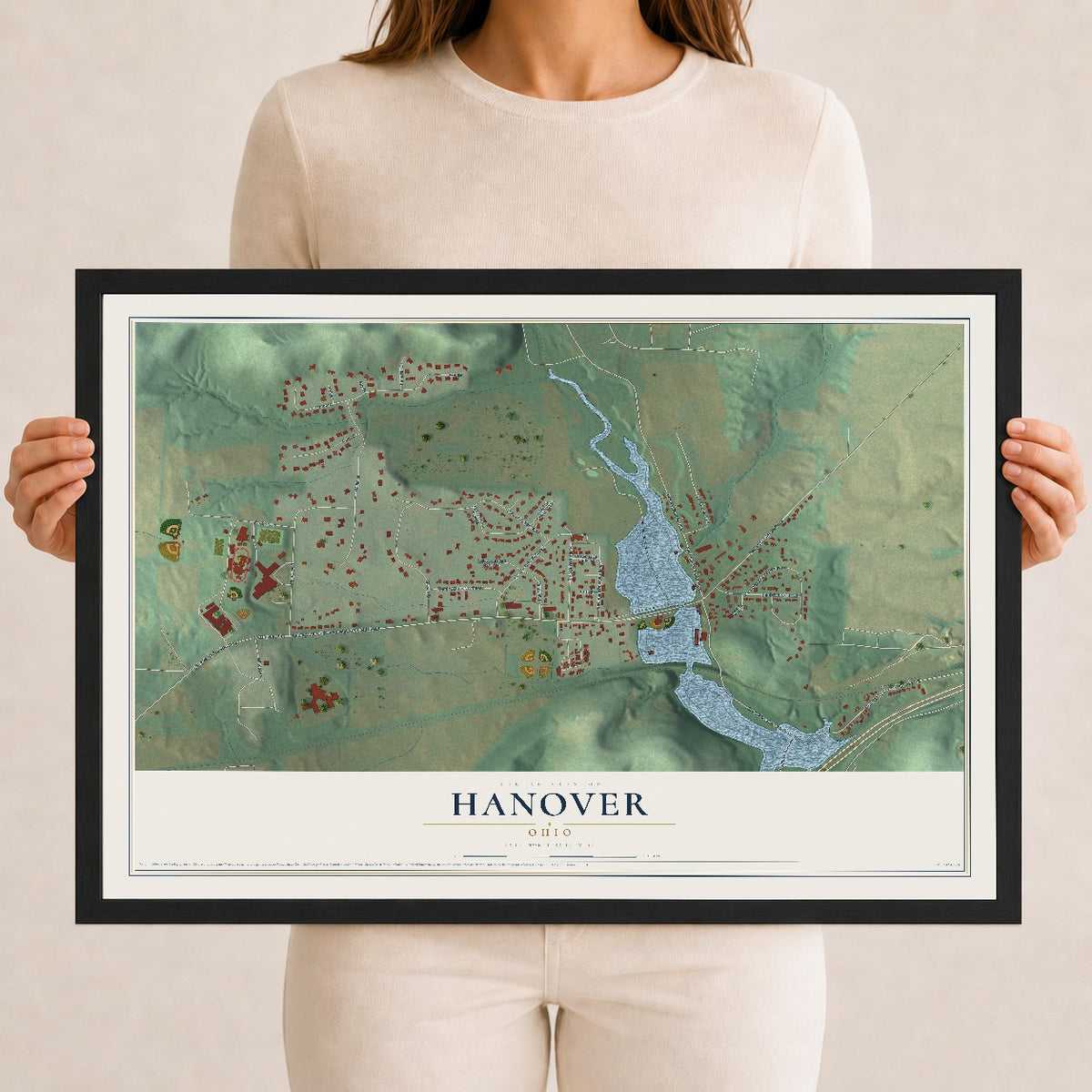 Map of Hanover, Ohio, 12 x 18 inch print in a black wood frame