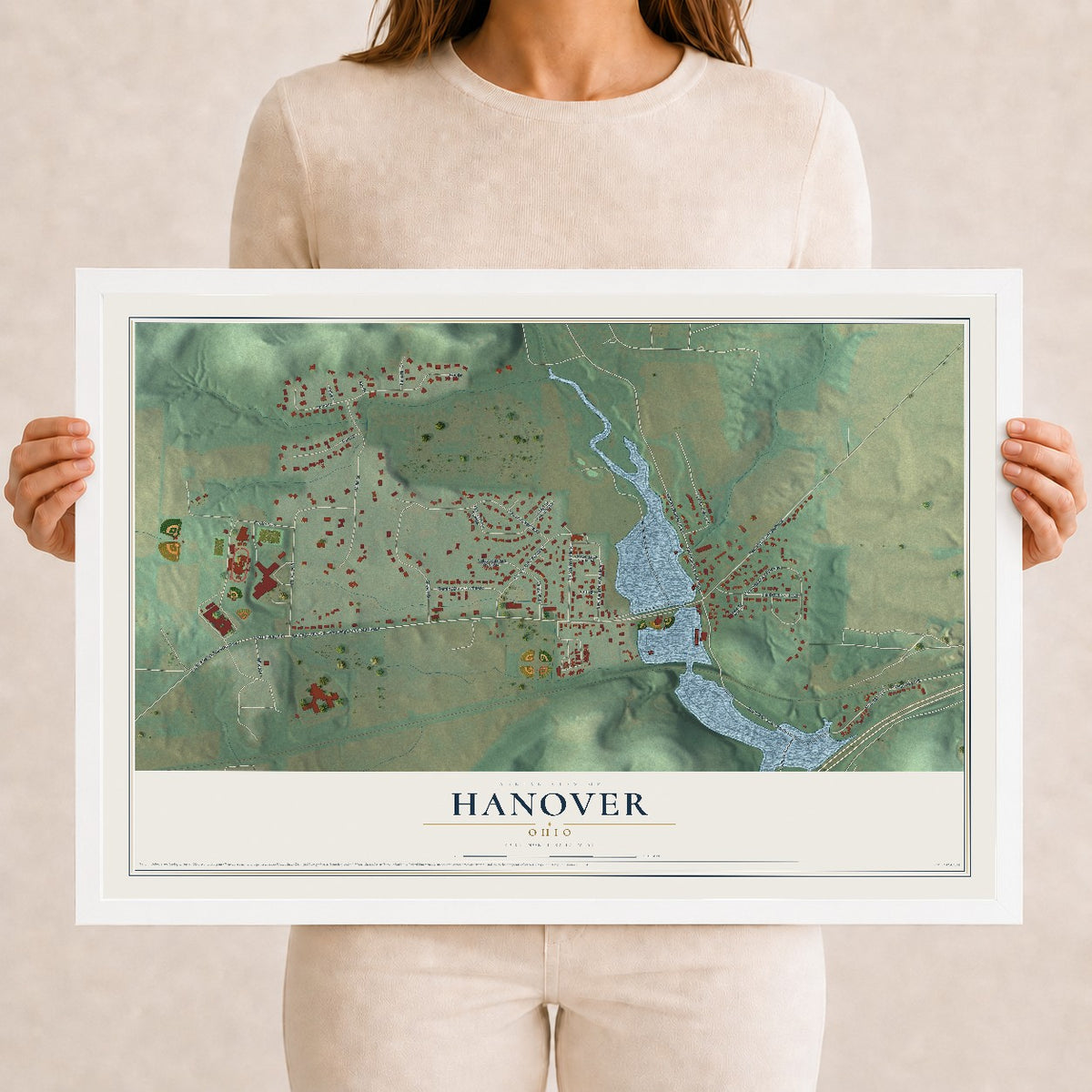 Map of Hanover, Ohio, 12 x 18 inch print in a white wood frame