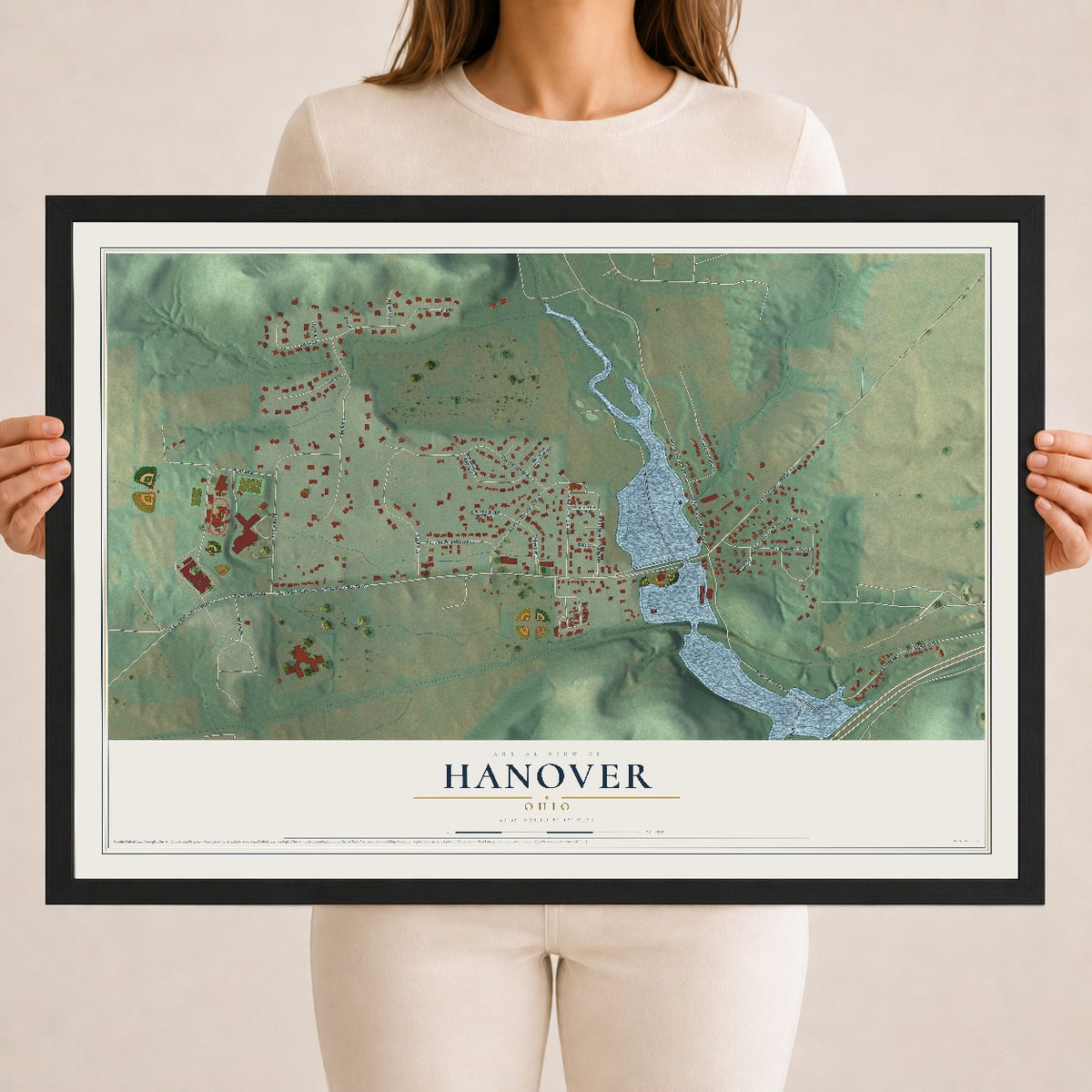 Map of Hanover, Ohio, 18 x 24 inch print in a black wood frame
