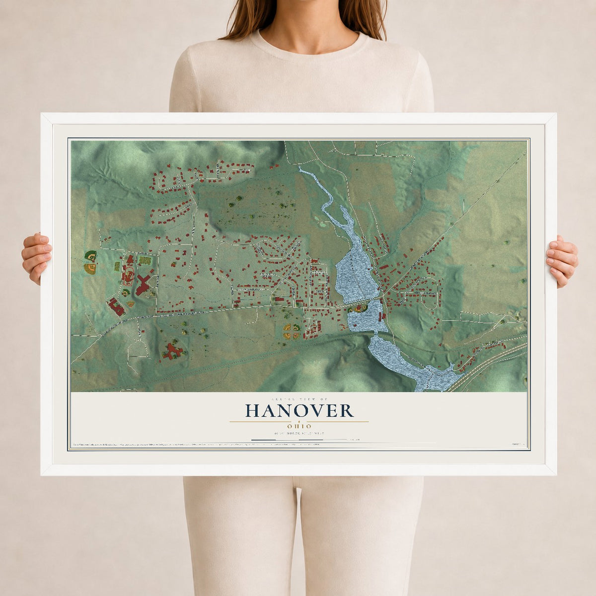 Map of Hanover, Ohio, 24 x 36 inch print in a white wood frame
