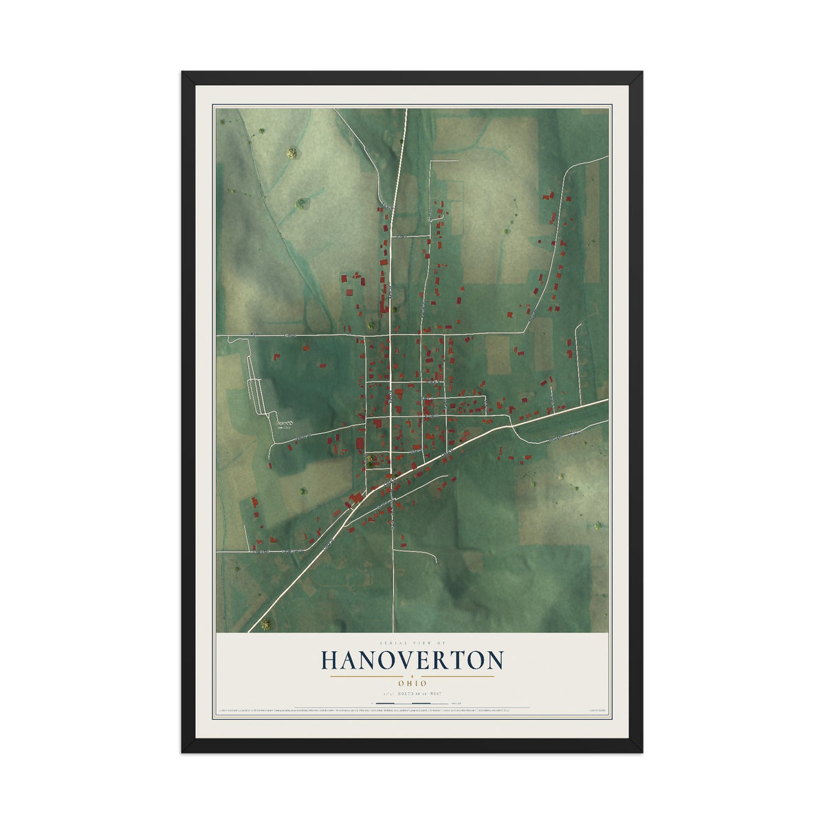 Map of Hanoverton, Ohio, 12 x 18 inch print in a black wood frame