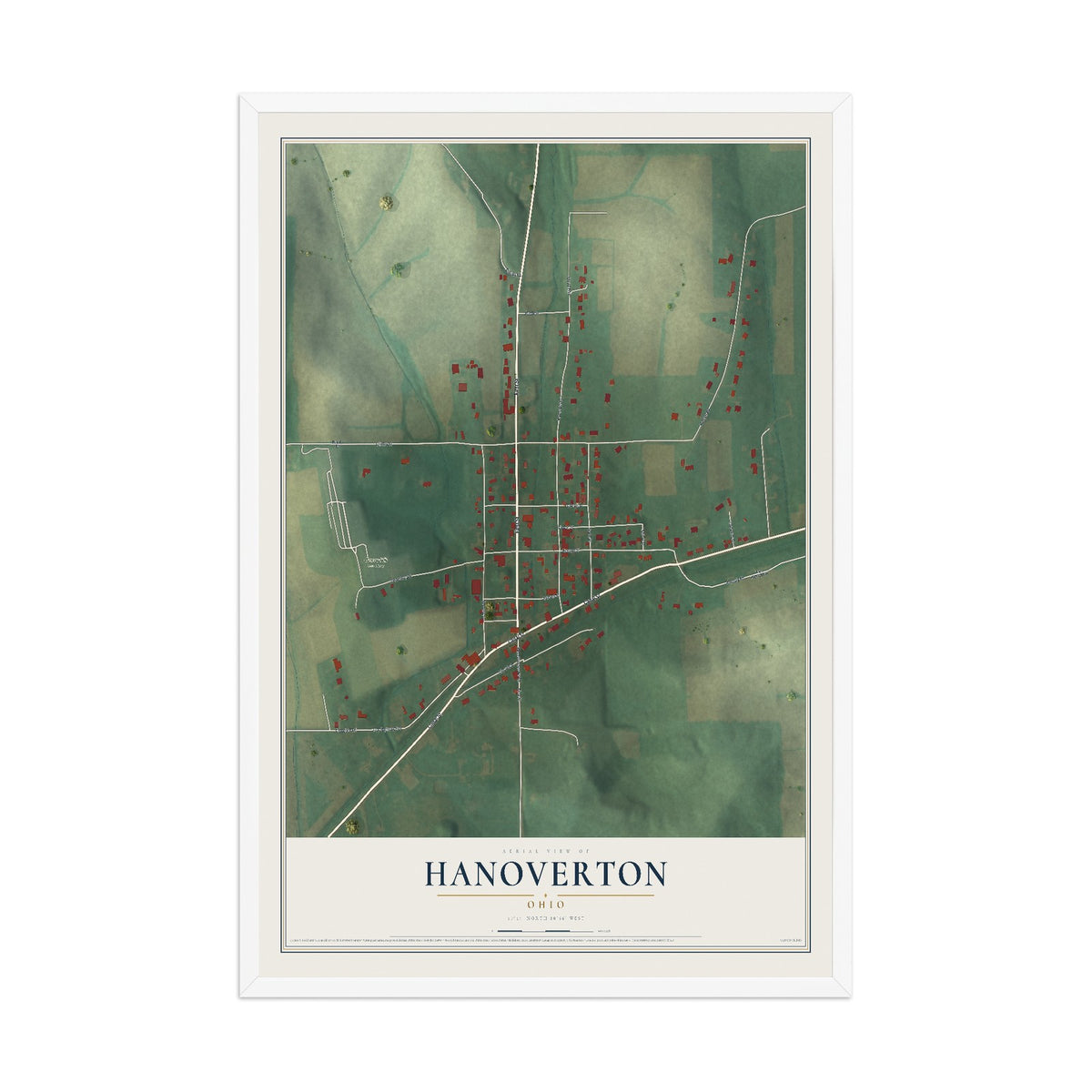 Map of Hanoverton, Ohio, 12 x 18 inch print in a white wood frame