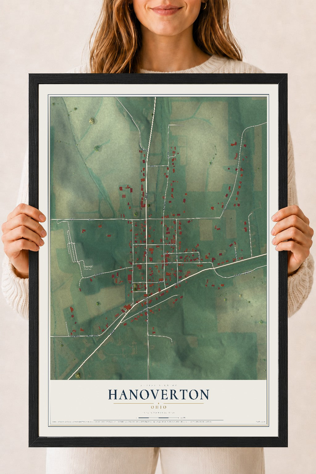 Map of Hanoverton, Ohio, 18 x 24 inch print in a black wood frame