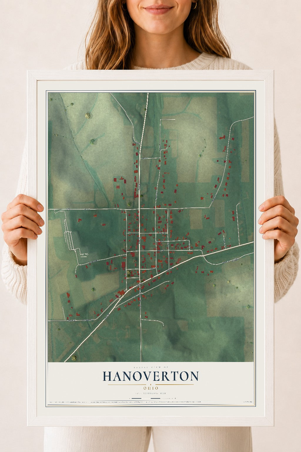 Map of Hanoverton, Ohio, 18 x 24 inch print in a white wood frame