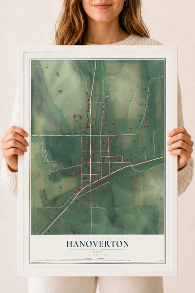 Map of Hanoverton, Ohio, 18 x 24 inch print in a white wood frame