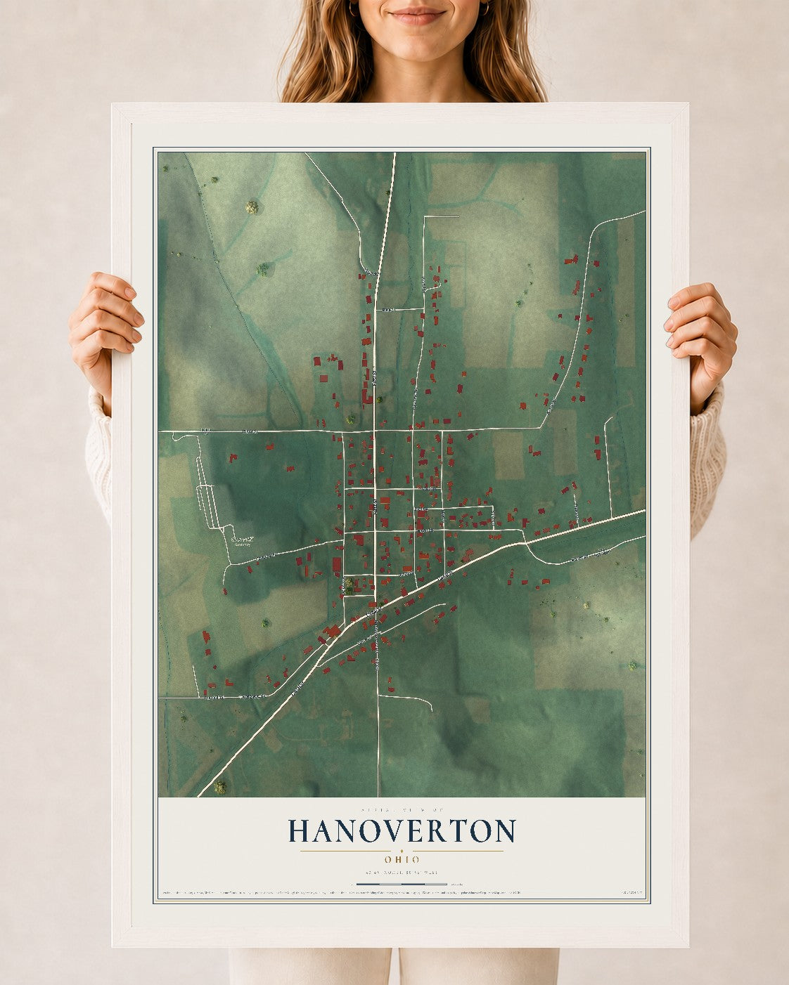 Map of Hanoverton, Ohio, 24 x 36 inch print in a white wood frame
