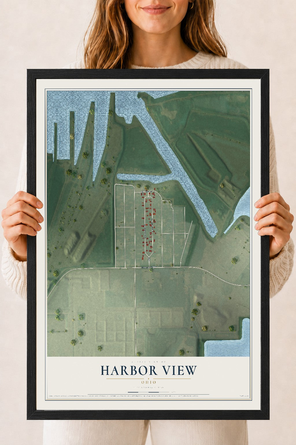 Map of Harbor View, Ohio, 18 x 24 inch print in a black wood frame