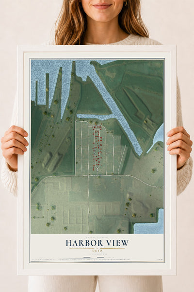Map of Harbor View, Ohio, 18 x 24 inch print in a white wood frame
