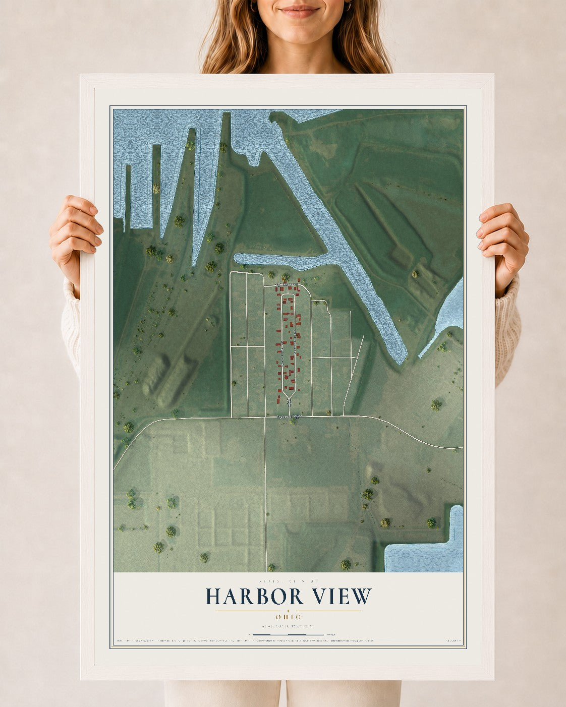 Map of Harbor View, Ohio, 24 x 36 inch print in a white wood frame