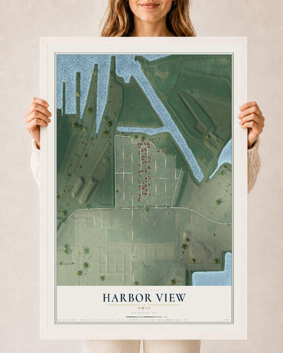 Map of Harbor View, Ohio, 24 x 36 inch print in a white wood frame