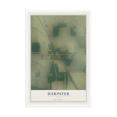 Map of Harpster, Ohio, 12 x 18 inch print in a white wood frame