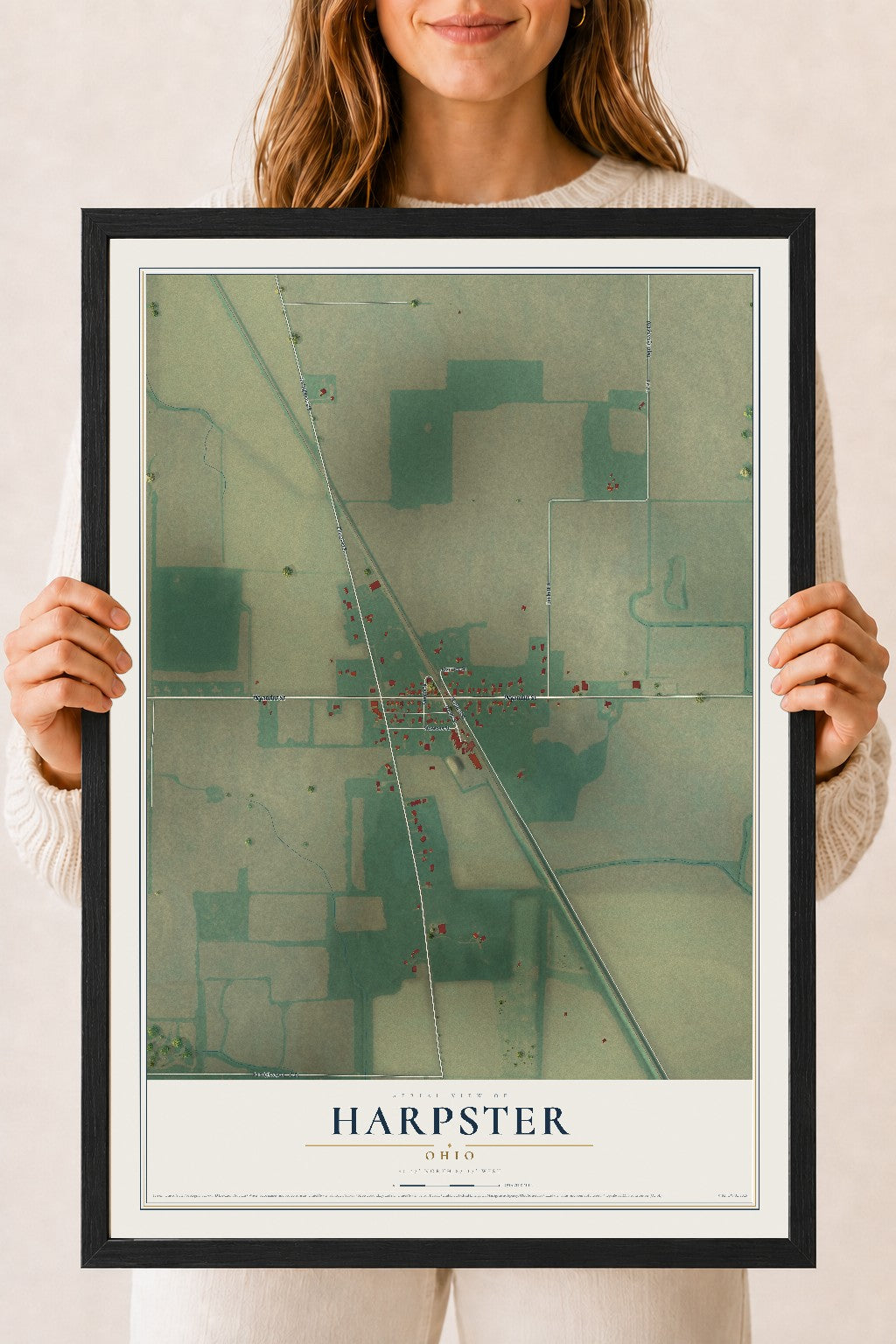 Map of Harpster, Ohio, 18 x 24 inch print in a black wood frame