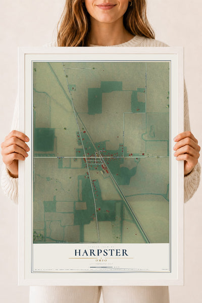Map of Harpster, Ohio, 18 x 24 inch print in a white wood frame