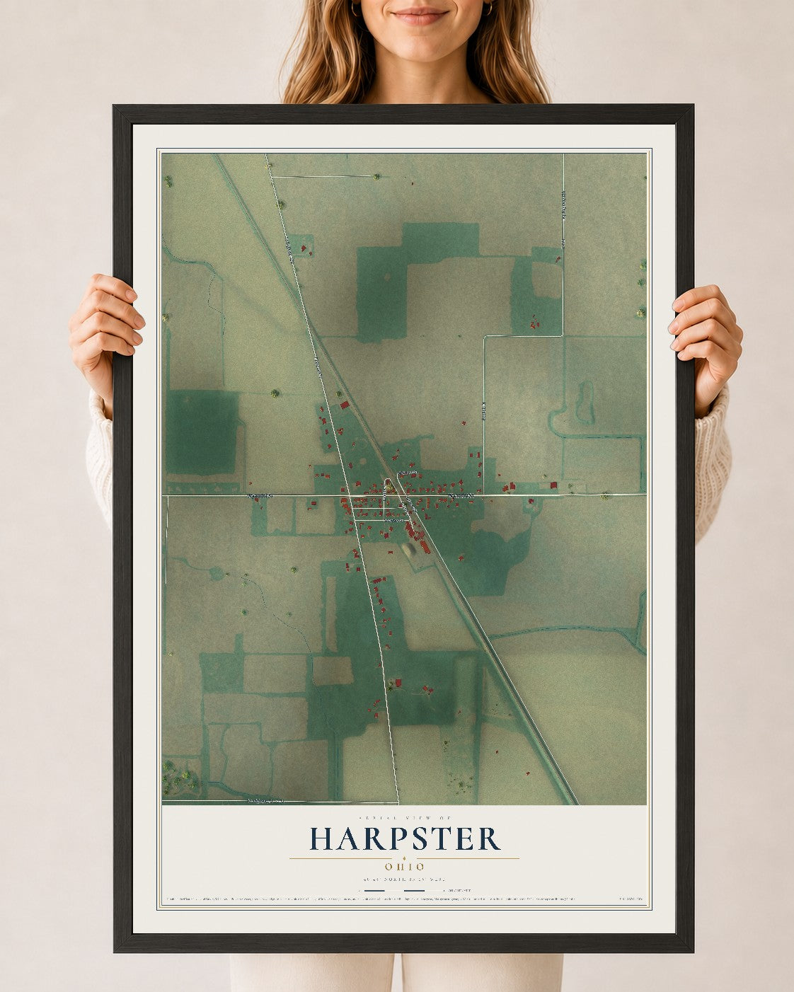 Map of Harpster, Ohio, 24 x 36 inch print in a black wood frame